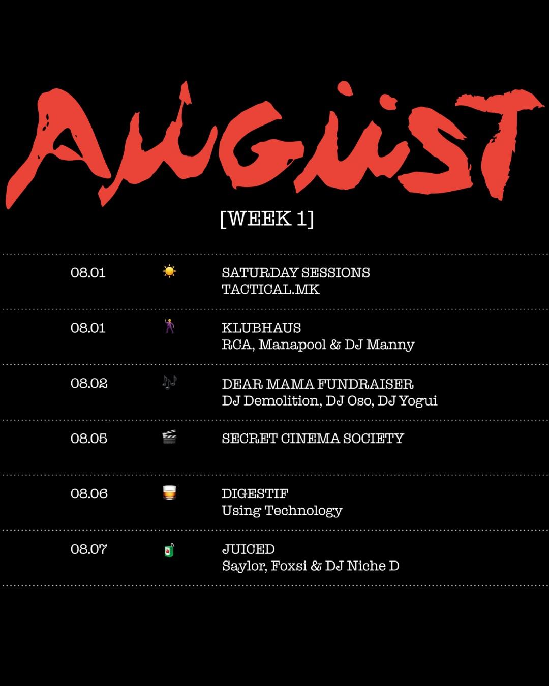 tschüss poster listing the August week one line-up of club nights